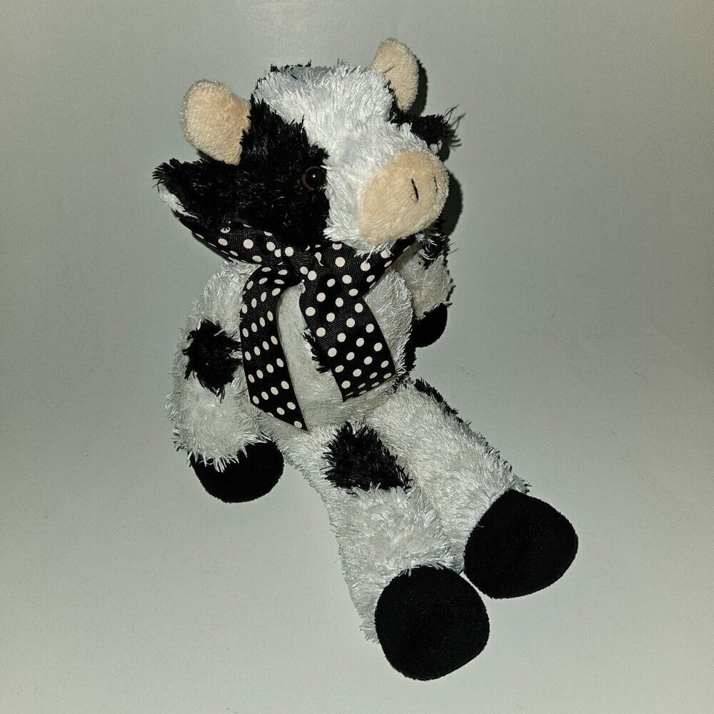 Bearington Cow Plush Black White Polka Dot Bow 14" Stuffed Animal Toy